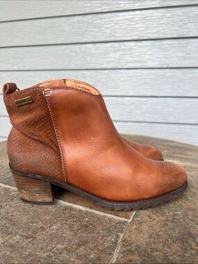 PIKOLINOS Cognac Leather Ankle Booties with Low Block Heel